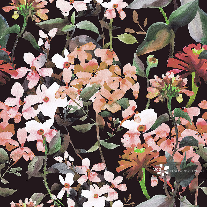 水彩花卉无缝图案。手绘夏季背景花园花卉。为织物和纺织品绘制多彩的植物图。图片素材