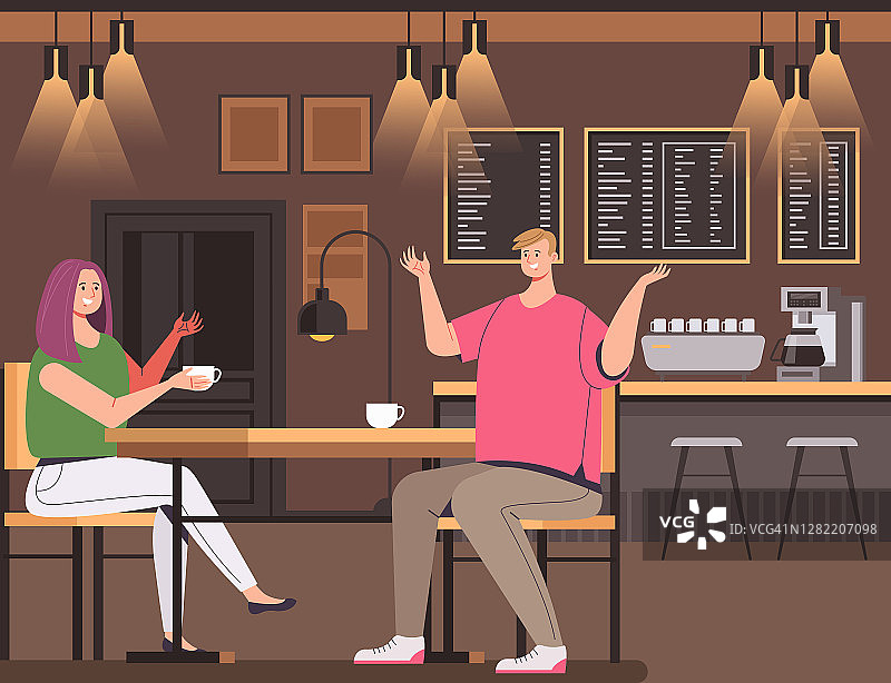 人们在咖啡酒吧喝咖啡的男女性格矢量平面设计插画的概念图片素材