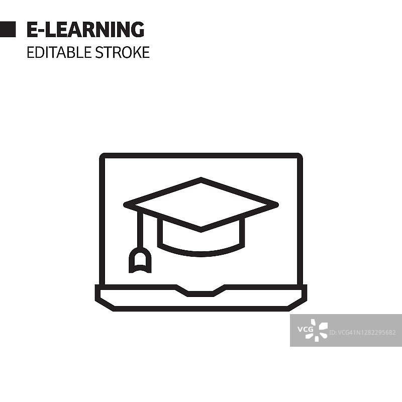 E-Learning线图标，轮廓矢量符号插图。图片素材