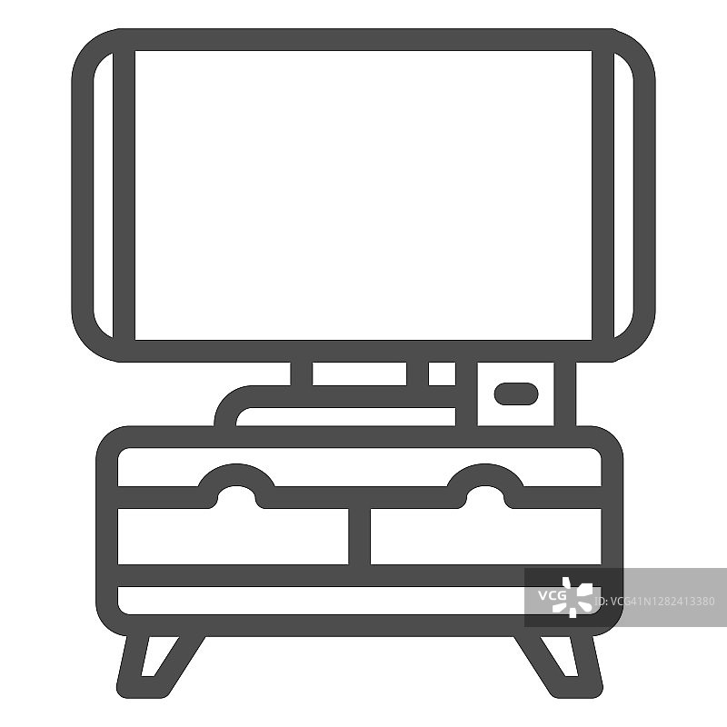 电视在床头柜线图标，室内设计概念，电视在床头柜标志上的白色背景，电视在路边的图标轮廓风格的移动概念。矢量图形。图片素材