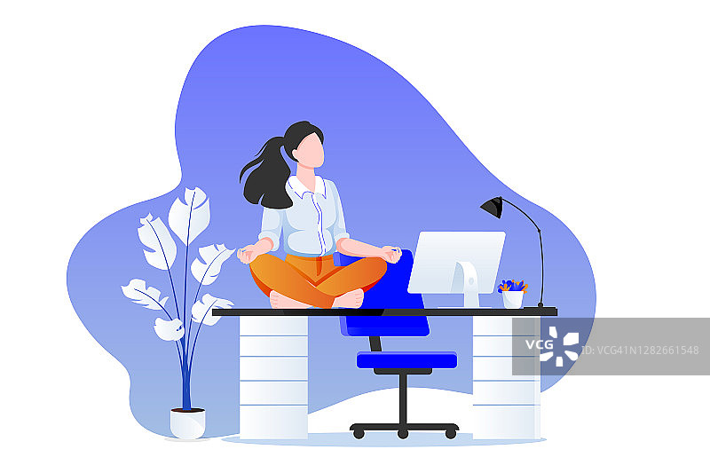女商人坐在莲花坐姿在办公桌上。办公室瑜伽休息。矢量插图。工作中放松的时间图片素材