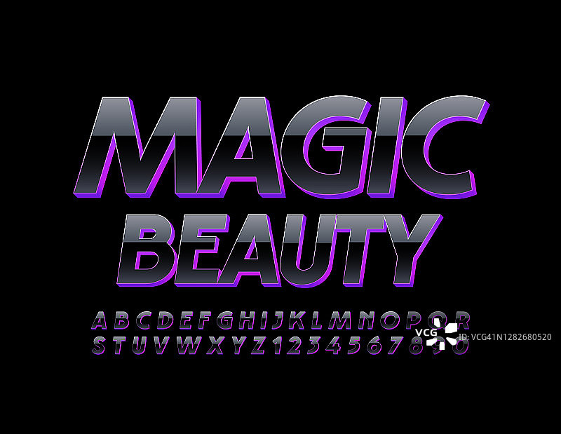 向量现代标志魔术美。紫罗兰和黑色3D光泽字母和数字集图片素材