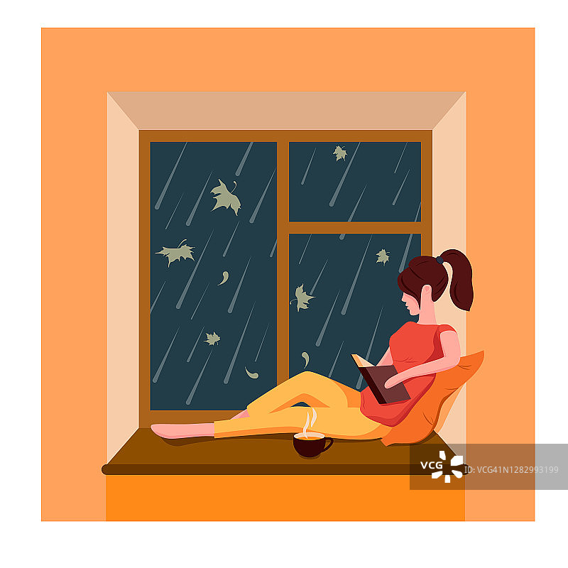 窗外下着雨，一个女孩坐在窗边看书喝茶图片素材