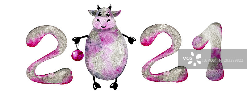 数字，2021号和公牛是新的一年的象征。水彩手绘插图孤立的白色背景。横向横幅，圣诞产品设计，明信片，海报图片素材