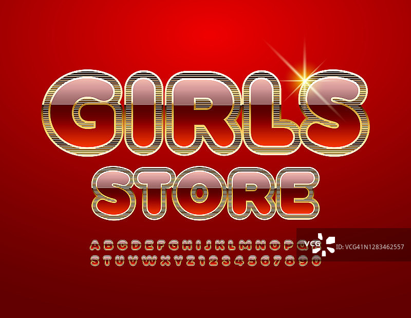 向量精英标志女孩商店。闪亮的红色和金色字母和数字集图片素材