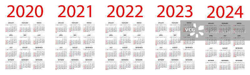 日历2020 2021 2022 2023 2024 -简单布局插图。一周从周日开始。日历设定为2020年、2021年、2022年、2023年、2024年图片素材