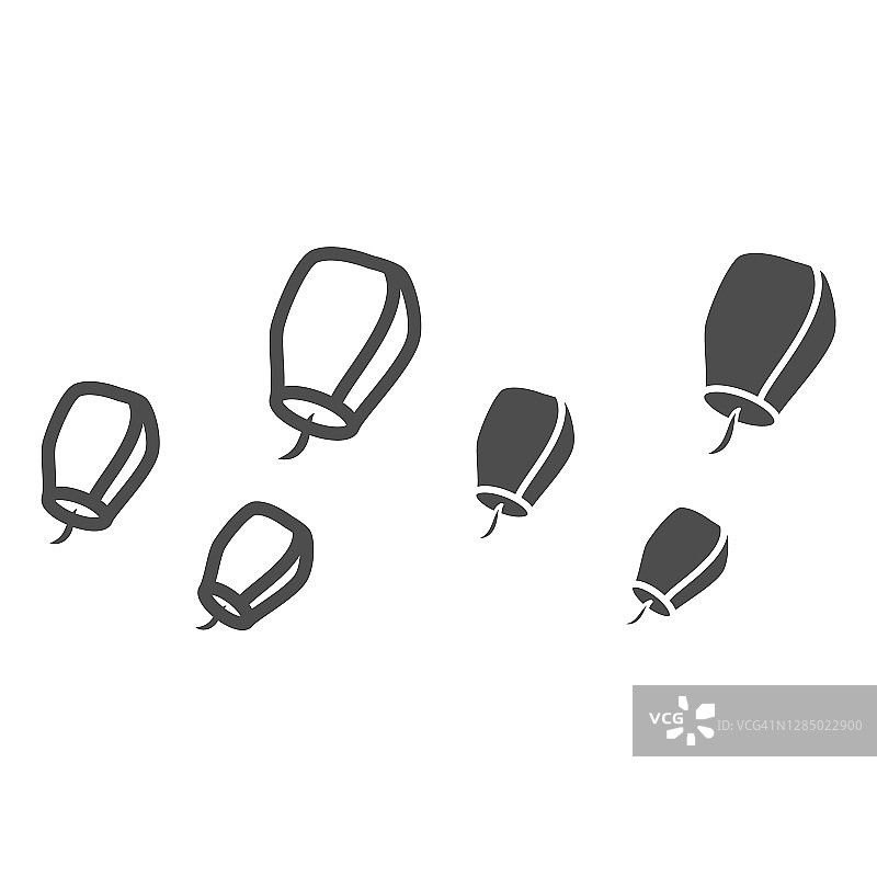 中国灯笼的线条和固体图标，中国中秋节的概念，飞行纸手电筒标志在白色的背景，天灯从轮廓风格的中国图标。矢量图形。图片素材