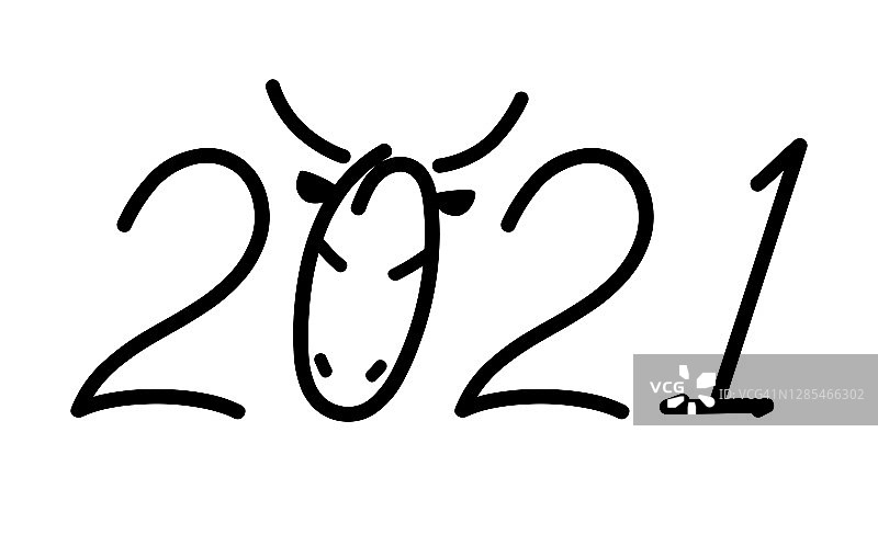 有趣的手写数字字母2021与牛头。图片素材