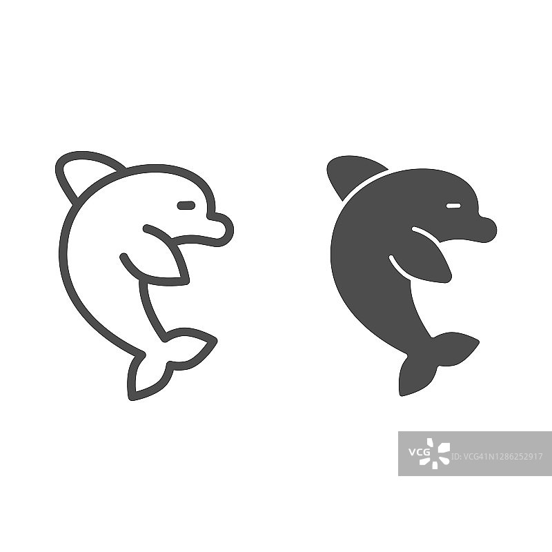 海豚线和固体图标，水上公园概念，小群小的鲸鱼标志在白色的背景，海豚符号图标轮廓风格的移动概念和网页设计。矢量图形。图片素材