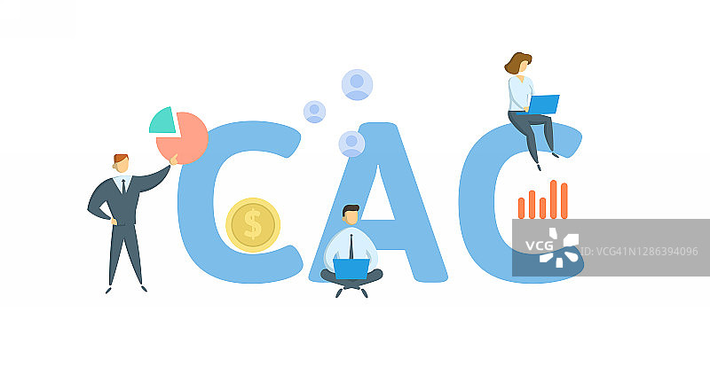 CAC，客户获取成本。概念与关键字，人和图标。平面向量插图。孤立在白色的。图片素材