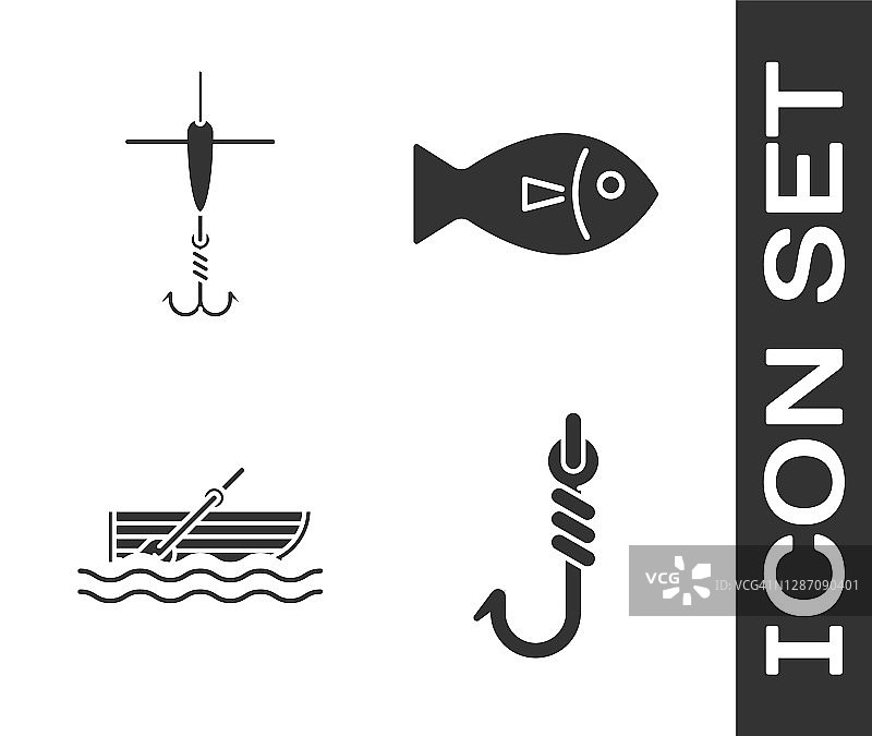 设置鱼钩，鱼钩和浮动，渔船与桨在水和鱼图标。向量图片素材