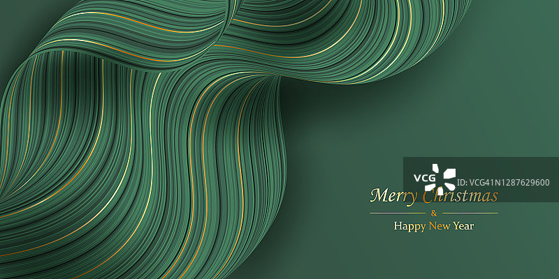 圣诞快乐和新年快乐的背景3D。喜庆的绿色，金色条纹背景。流程线。矢量插图波浪条纹。图片素材