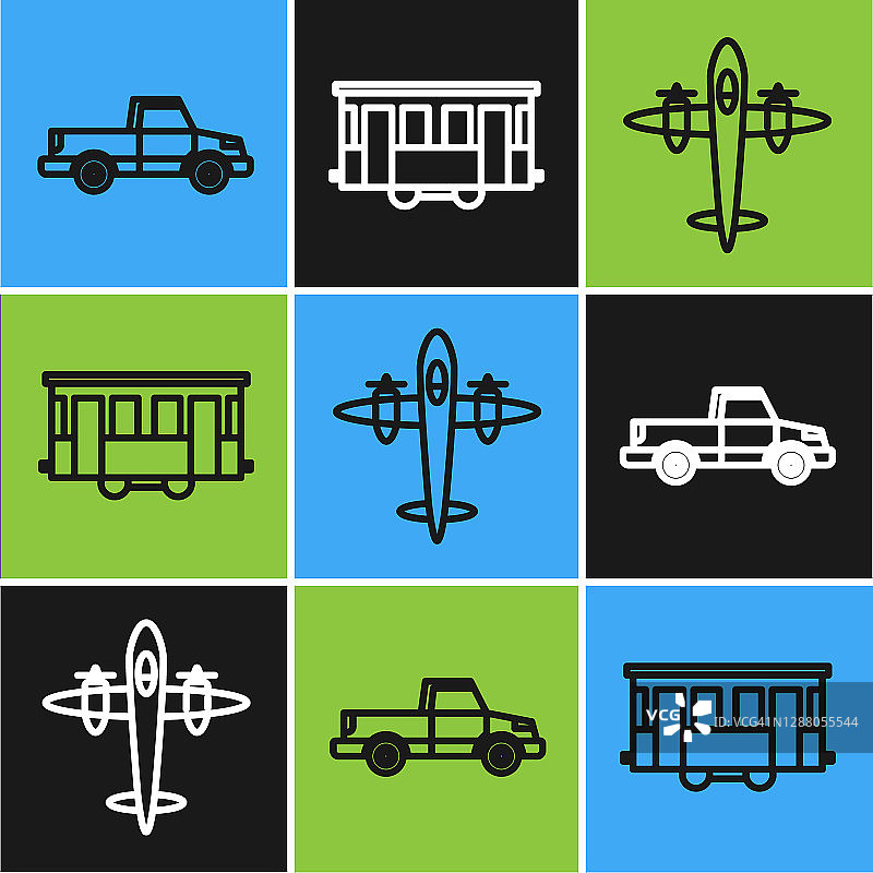 集线皮卡，老式复古飞机和老城有轨电车图标。向量图片素材