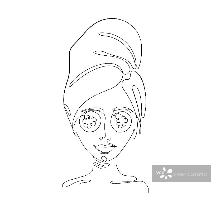 矢量插图的一个女孩与毛巾在她的头和黄瓜在她的眼睛是由一个无尽的线画。在家做美容，皮肤护理图片素材