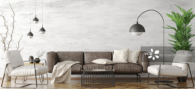 室内设计采用现代客厅棕色沙发，家居3d渲染图片素材