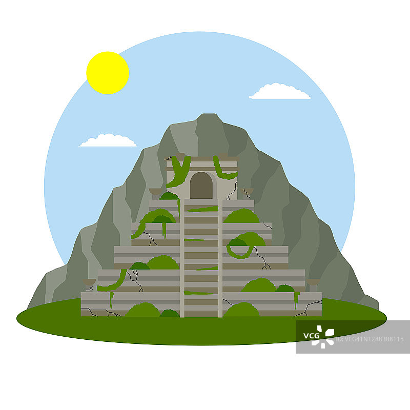 玛雅人的金字塔。古老的美国文化。建筑在绿色丛林中。一个古老而神秘的文明。卡通平面插图。墨西哥的旅游胜地。加强废弃的寺庙图片素材