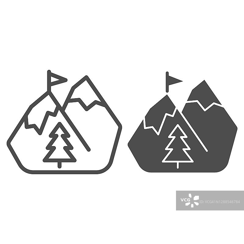 山在雪线和固体图标，世界滑雪板日概念，冬季山标志在白色的背景，雪山与旗帜图标在轮廓风格的移动和网页设计。矢量图形。图片素材