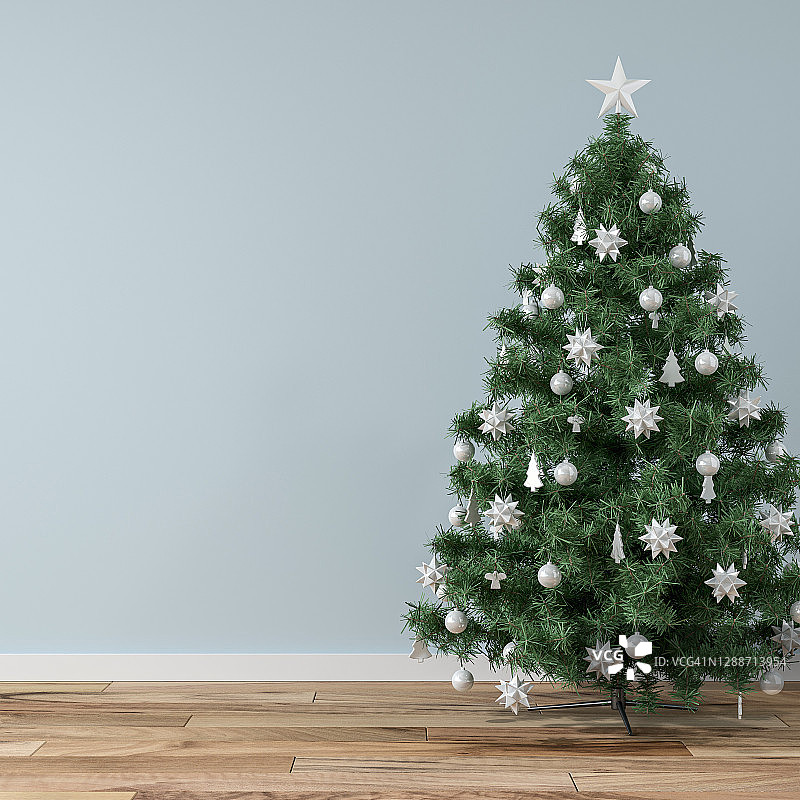 空的简单的客厅与圣诞树在浅蓝色的背景图片素材