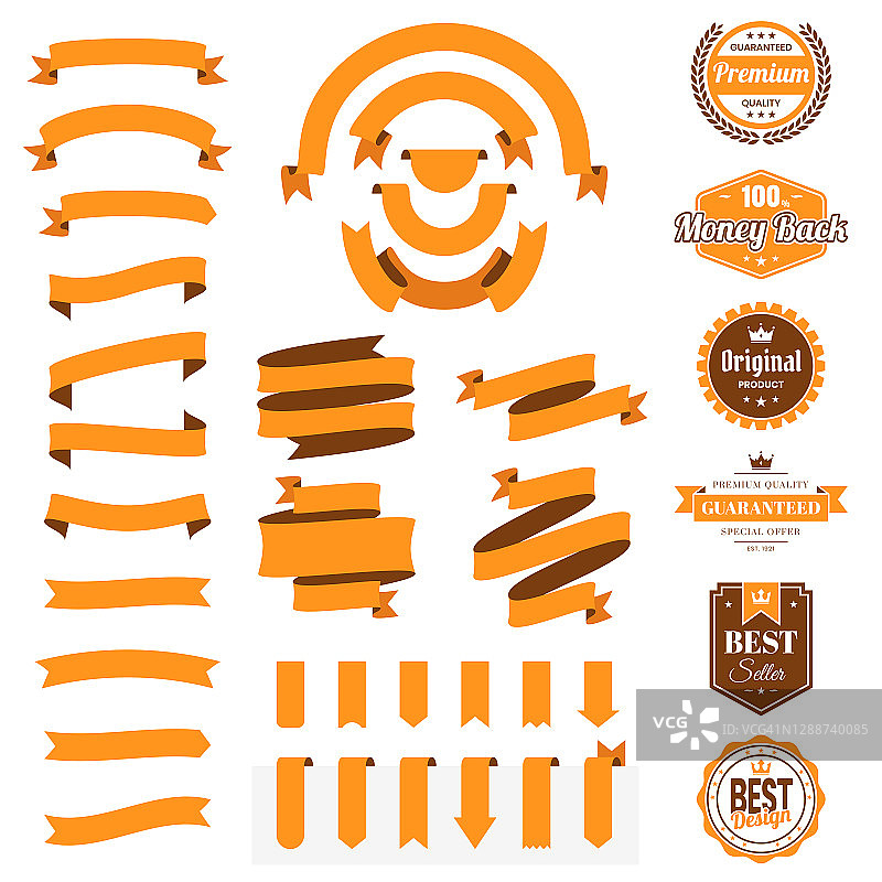 一套橙色丝带，横幅，徽章，标签-设计元素在白色的背景图片素材
