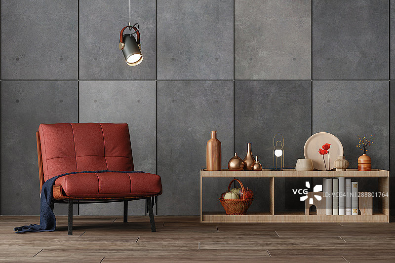 现代客厅内饰:红色扶手椅，橱柜装饰物，灰色墙壁和拼花地板图片素材