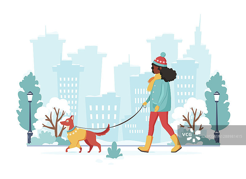 一个黑人女人带着狗在冬天的城市里散步。矢量插图。图片素材