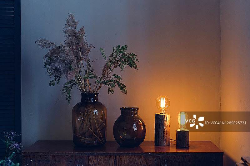 现代豪华室内的一个房间或客厅与时尚的木桌或五斗橱。美丽的植物枝条和花在优雅的玻璃花瓶。电动设计师台灯。图片素材