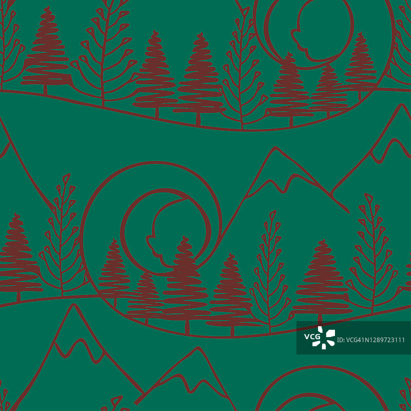 无缝矢量模式与森林和山脉景观在绿色背景。简约的艺术线条艺术墙纸设计。装饰林地时尚纺织品。图片素材