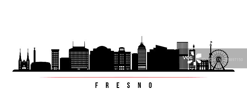 弗雷斯诺地平线横横幅。加州弗雷斯诺市的黑白剪影。用于设计的向量模板。图片素材
