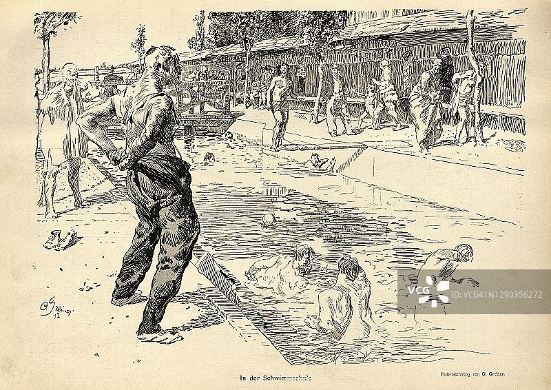 在室外游泳池游泳的男子素描，德国19世纪图片素材
