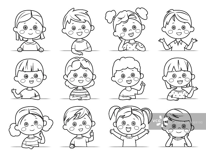 涂色页男孩和女孩收集。多民族群体的快乐儿童。不同的卡通面孔图标图片素材