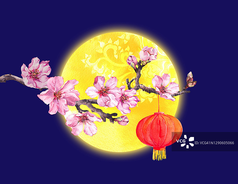 花枝上挂着红灯笼，满月上点缀着民族风情。水彩图片素材