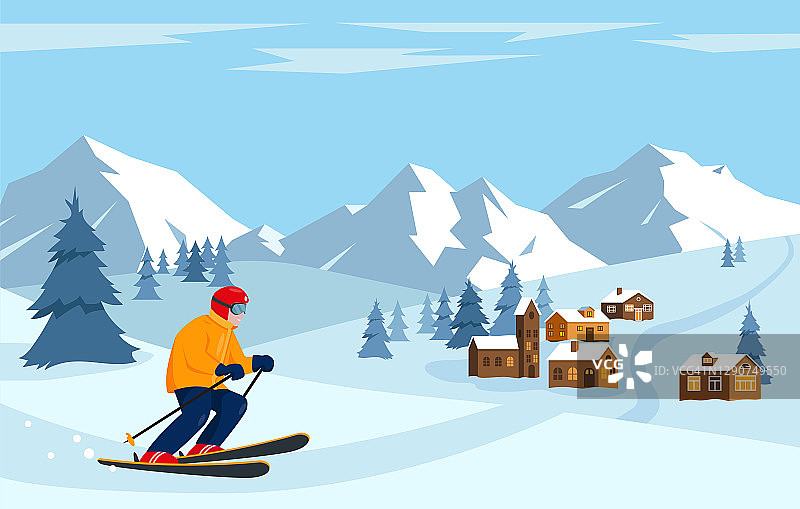 滑雪者在雪山。冬天的风景。图片素材