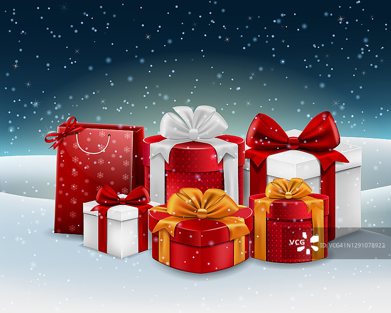 礼品盒，礼品堆用鲜艳的包装，丝绸丝带蝴蝶结闪亮的雪花矢量背景。Ð圣诞节、新年假期。惊喜现实元素，冬季特价，折扣象征图片素材