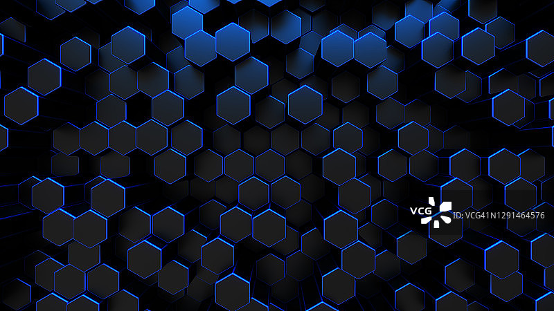 未来的黑色技术背景与蓝色发光的氖能量闪电。钢六边形细胞。蜂窝结构的三维抽象插图。全球通信和大数据技术3d插图。图片素材