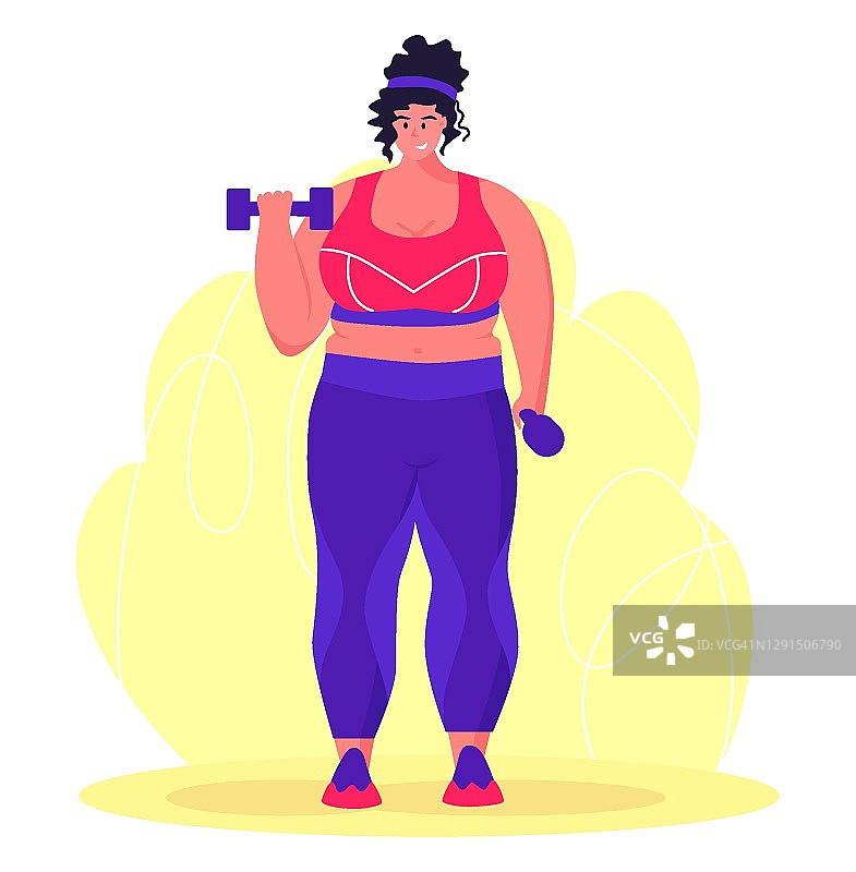 一个年轻的胖女人在做运动。一个大汗淋漓地努力减肥的女孩。肥胖。图片素材