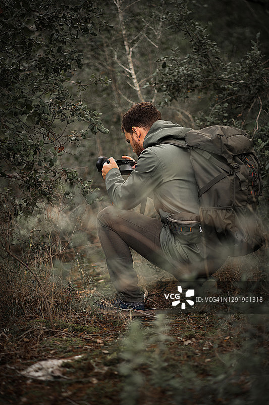 摄影师看着伪装在灌木丛中的照相机图片素材