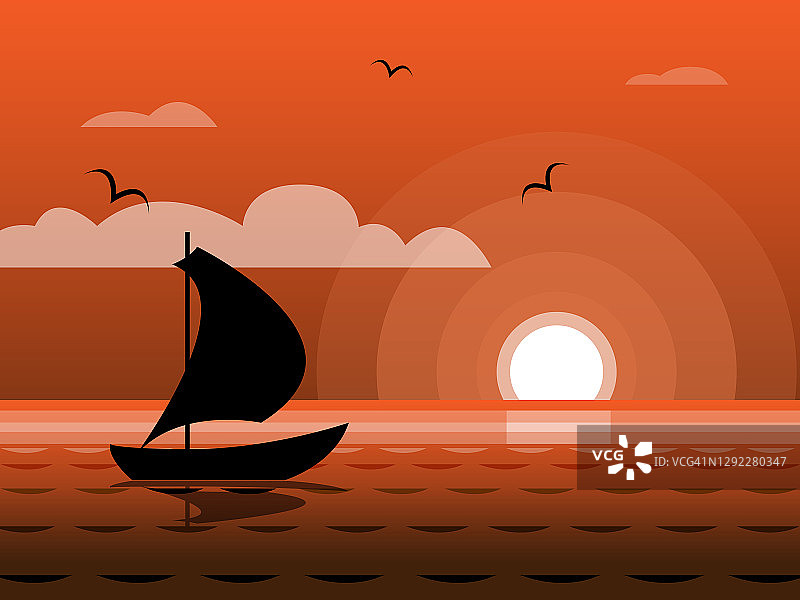 在美丽的日落背景中一艘帆船在海上的剪影图片素材