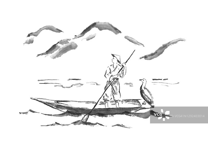 渔人在船上日本风格的原始sumi-e水墨画。图片素材