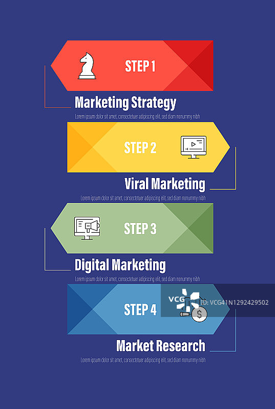信息图表设计模板。营销策略，病毒式营销，数字营销，市场研究图标与4个选项或步骤。图片素材