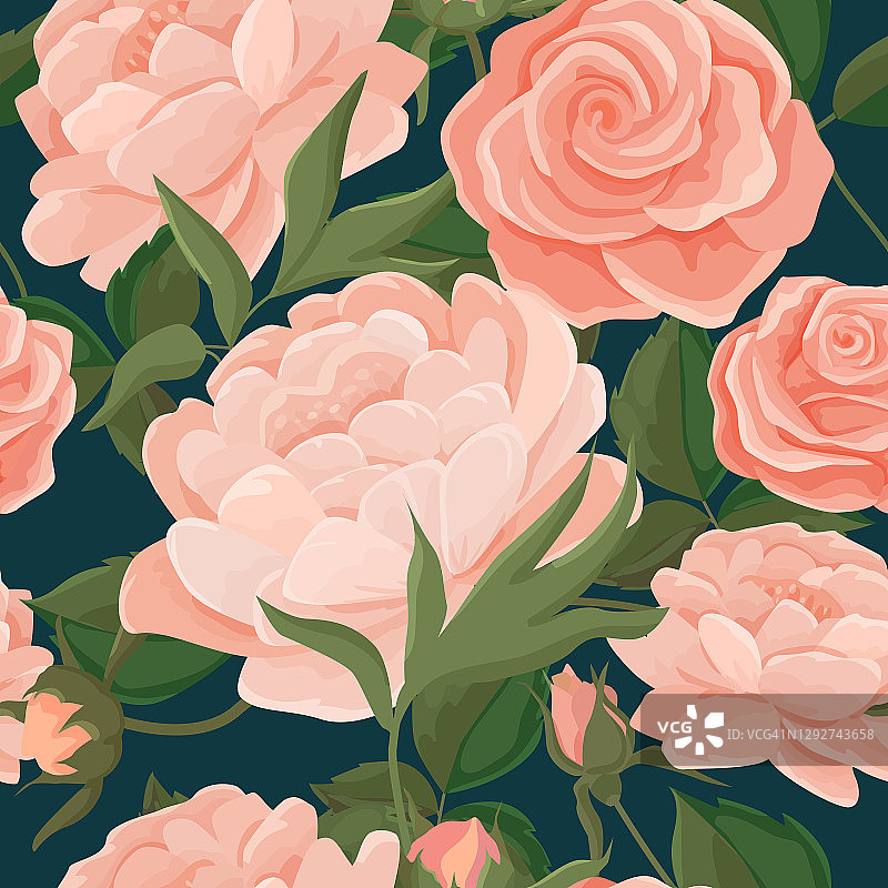 矢量插图的无缝模式蓝色背景和牡丹与玫瑰。粉色花用于复古装饰，织物，衣服，床上用品和文具图片素材