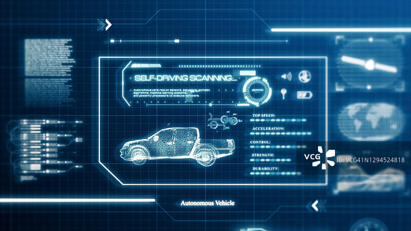 HUD自动驾驶汽车，皮卡车，汽车规格扫描测试用户界面上的电脑屏幕像素显示面板背景。蓝色全息科幻科技概念。前视图。三维演示图片素材