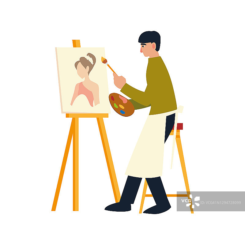 一名男子坐在画布上用油彩画一个女模特图片素材