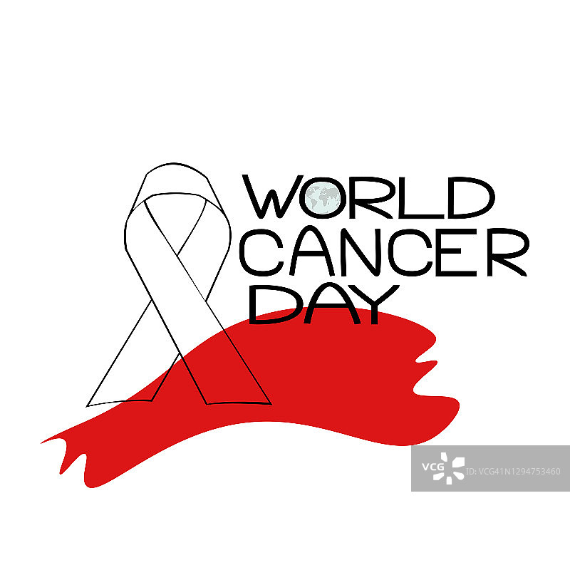 世界癌症日，主题题词以字母o的地球轮廓、丝带轮廓和一个红色点为主题图片素材