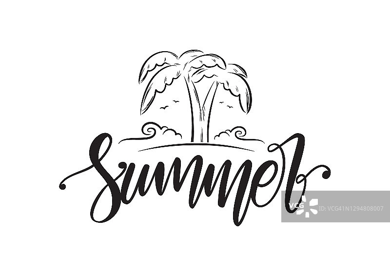 用线条勾勒出的棕榈树、沙滩和海浪的手写笔画夏日。图片素材