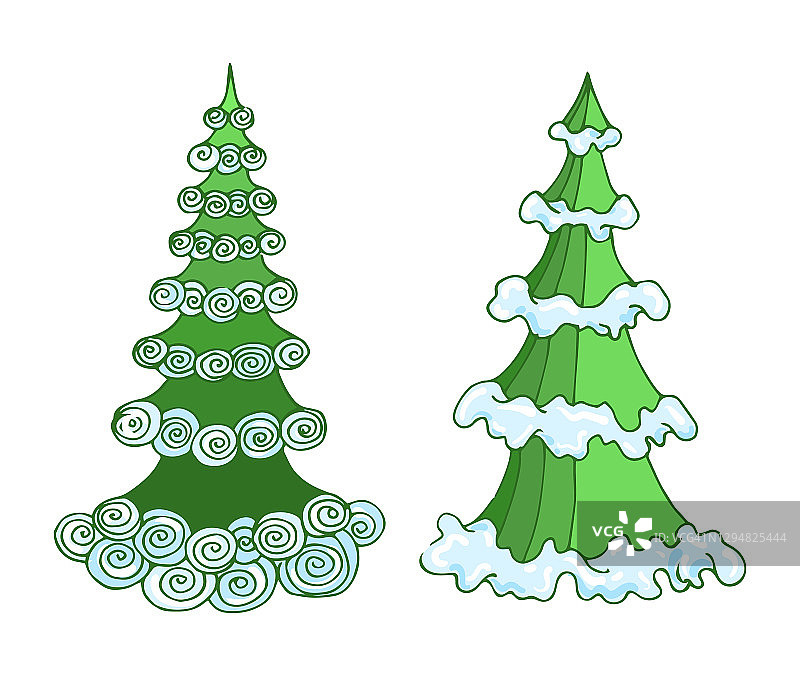 矢量手绘圣诞树卡通素描风格绘制在丰富的绿色与蓝色明亮的雪。图片素材