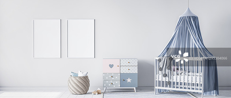 模拟框架明亮的托儿所卧室与白色婴儿床和藤篮子图片素材