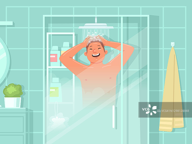快乐的男人在淋浴。日常卫生程序。矢量图图片素材