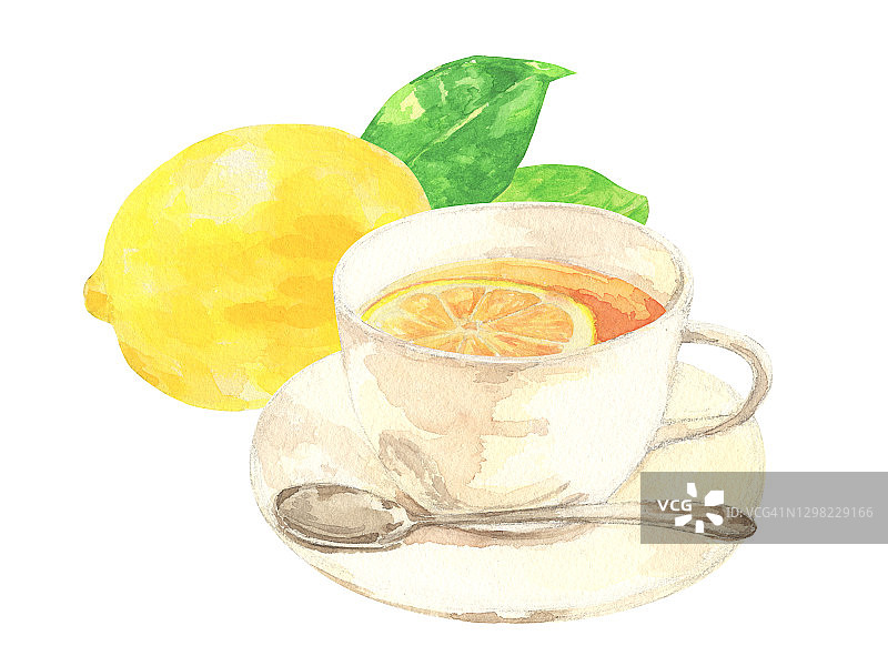 一杯用勺子喝的柠檬茶。水彩画在白色的背景图片素材