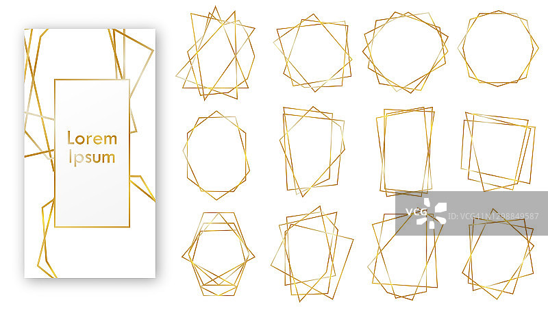 金色几何婚礼邀请框。几何多面体，装饰艺术风格的婚礼请柬图片素材