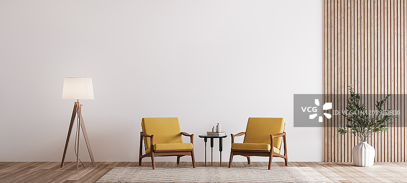 客厅设计与空墙模型，两把木椅上的白色墙壁，复制空间图片素材